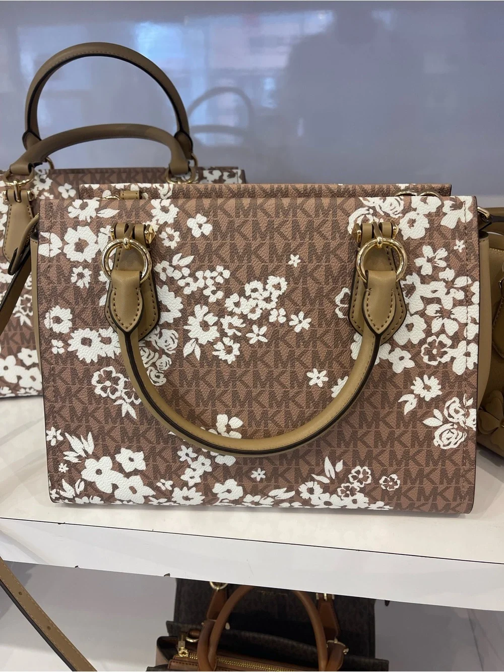 MICHAEL KORS Marilyn Medium Printed Signature Logo Satchel Crossbody  CAMEL NWT